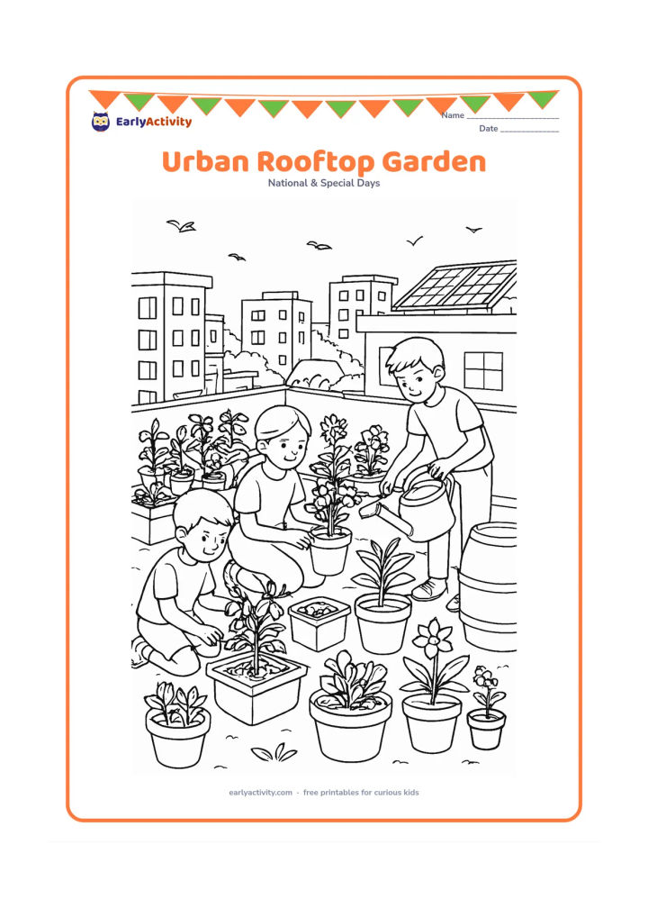 Colouring page: Draw a busy but orderly rooftop garden in an Indian city, with children tending pots of vegetables and flowers, a small compost container, a rain barrel and a row of solar panels in the…