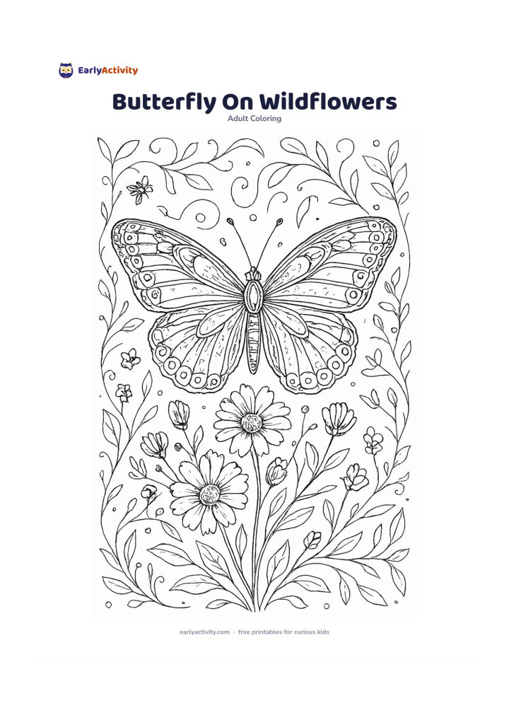 Colouring page: Draw a large butterfly resting on a cluster of wildflowers, viewed from above with both wings open. Surround it with curling stems, leaves, small buds, a few tiny insects and a softly…