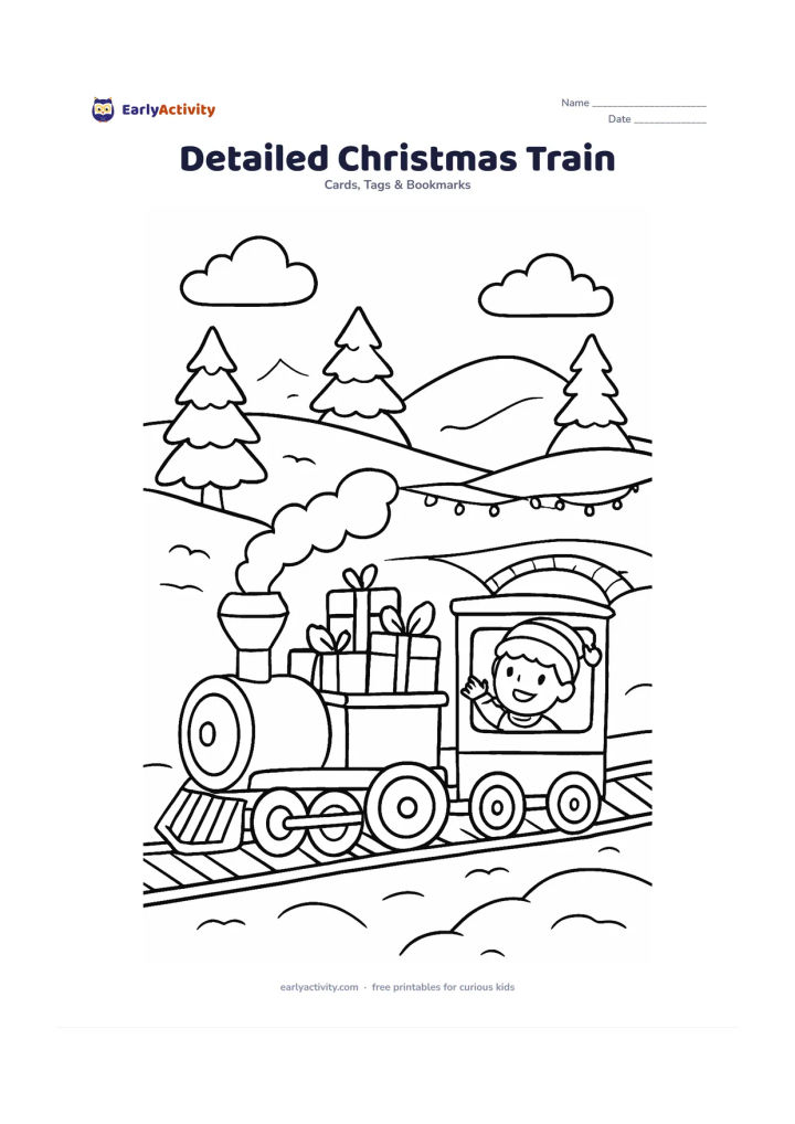 Worksheet: Draw a cheerful toy train carrying wrapped gifts and a small Christmas tree through a winter landscape, with a child waving from a carriage. Add snowy hills, evergreen trees, a bridge…