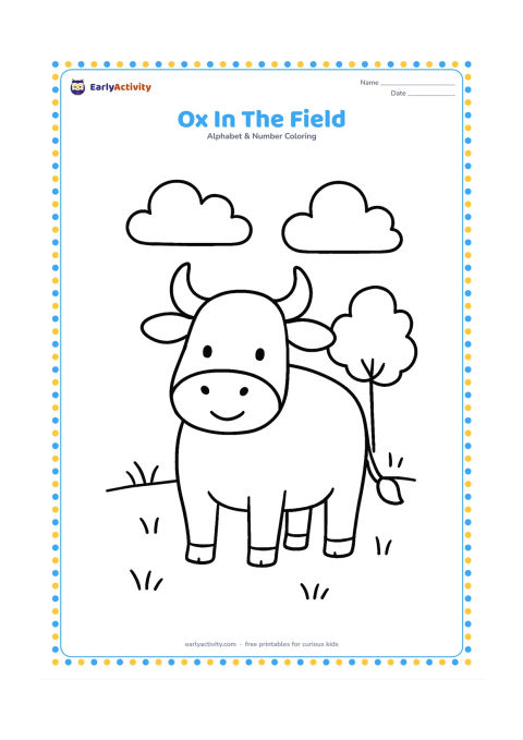 Colouring page: Draw a friendly ox standing in a grassy field with a small tree and two puffy clouds behind it. Give the ox a calm face, short curved horns and a large rounded body.