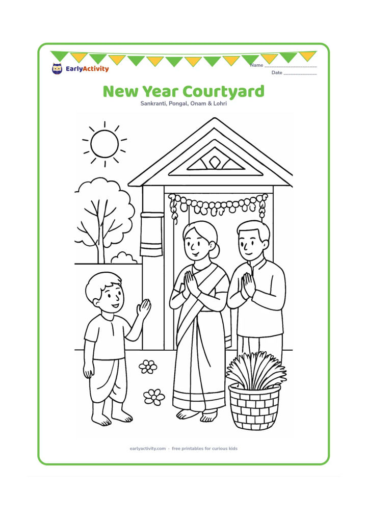 Colouring page: Draw a family greeting one another in an Assamese courtyard for Bohag Bihu, with a decorated doorway, hanging gamosa, flower garland, and a basket of rice sheaves. Show a sunny spring…