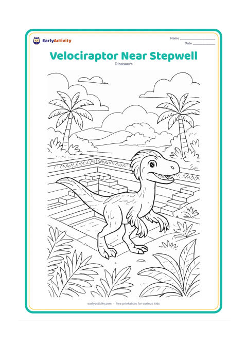 Colouring page: A friendly feathered velociraptor explores a fanciful prehistoric setting beside an unoccupied Indian stepwell, with symmetrical stone steps, carved geometric borders, palms, ferns, and…