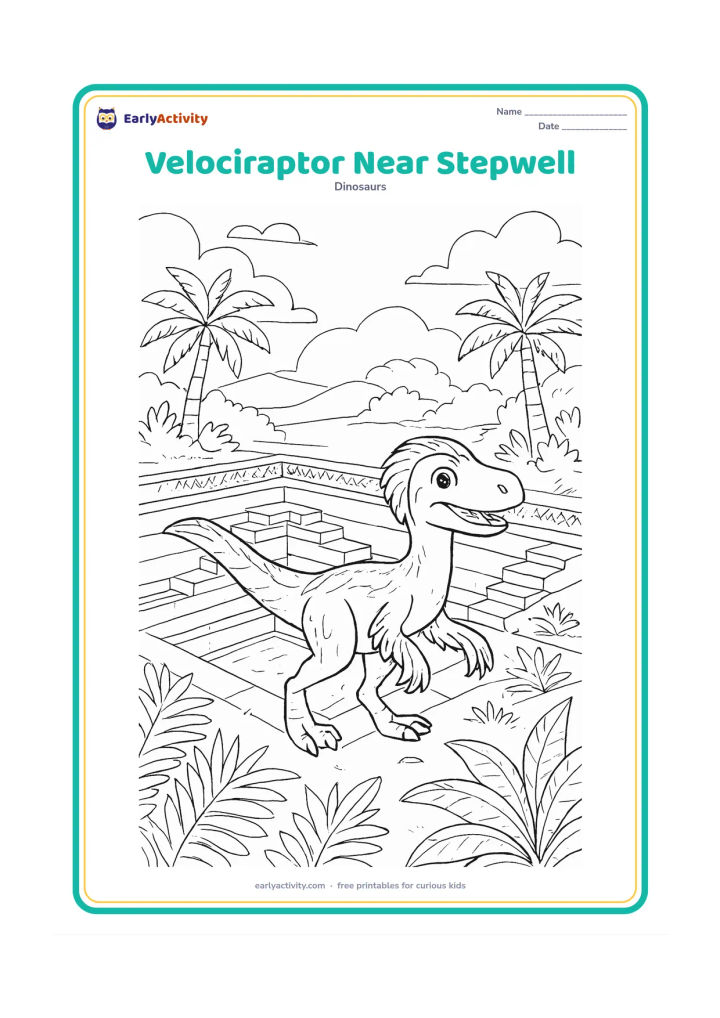 Colouring page: A friendly feathered velociraptor explores a fanciful prehistoric setting beside an unoccupied Indian stepwell, with symmetrical stone steps, carved geometric borders, palms, ferns, and…