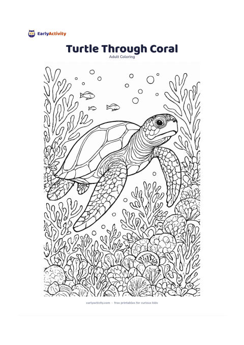 Colouring page: A sea turtle glides through a coral reef filled with branching coral, rounded coral forms, sea fans, small fish and drifting bubbles. Keep the turtle large in the centre with open water…