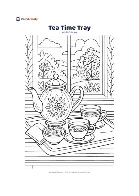 Colouring page: Show a neatly arranged tray with a large teapot, two cups, a small bowl of biscuits, and a folded napkin. Place the tray on a table with a window showing a peaceful garden beyond.