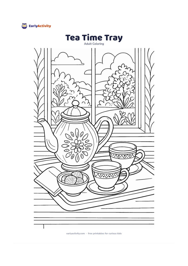 Colouring page: Show a neatly arranged tray with a large teapot, two cups, a small bowl of biscuits, and a folded napkin. Place the tray on a table with a window showing a peaceful garden beyond.