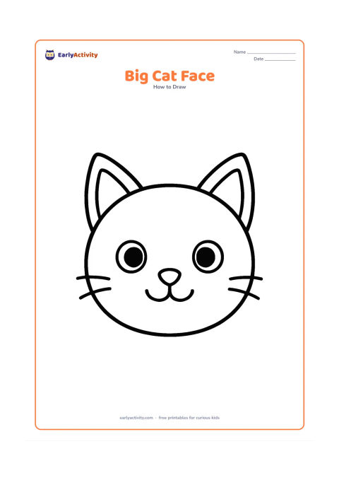 Worksheet: Draw a front-facing cat face using one large round head, two big triangular ears, two wide eyes, a tiny nose, and a smiling mouth. Leave plenty of open space around the face for colouring.