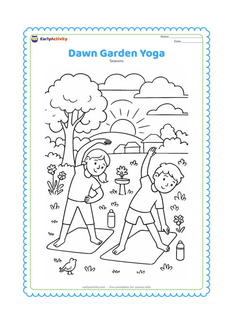 Colouring page: Draw two children practising simple stretching poses on mats in a garden at sunrise. Include a shaded tree, water bottles, flowering plants, a small birdbath, distant rooftops, and…