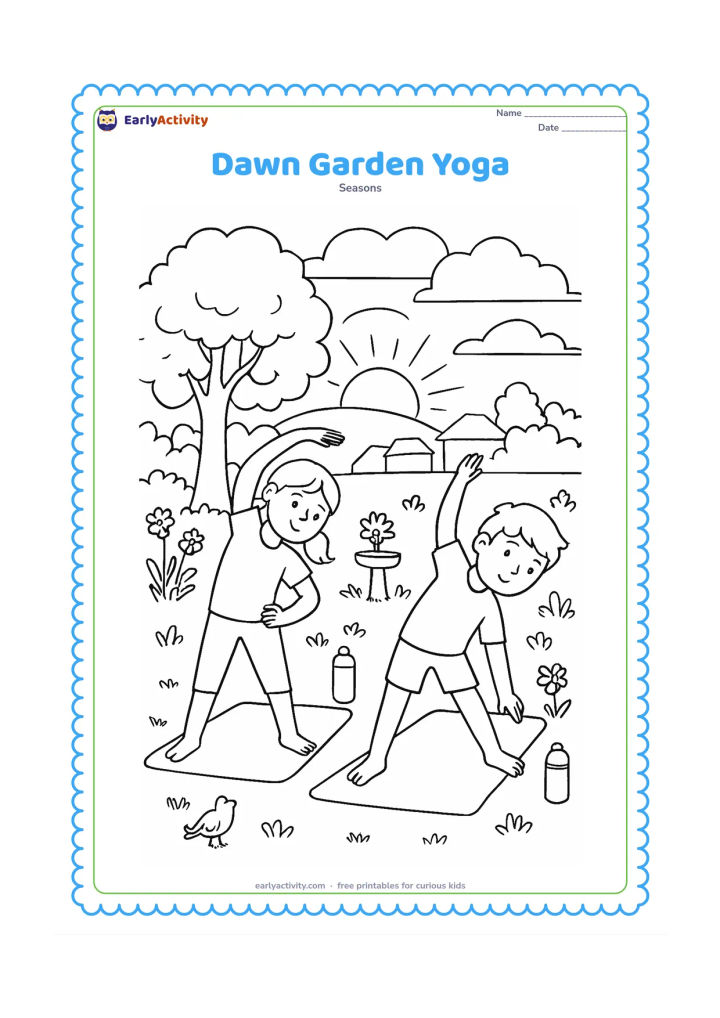 Colouring page: Draw two children practising simple stretching poses on mats in a garden at sunrise. Include a shaded tree, water bottles, flowering plants, a small birdbath, distant rooftops, and…
