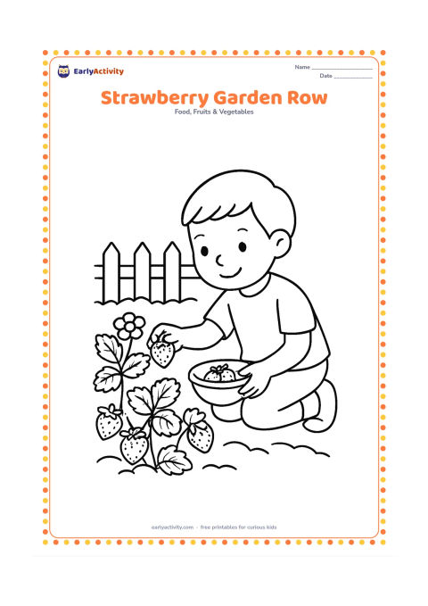 Colouring page: A child kneeling beside a garden row of strawberry plants, placing one strawberry into a bowl, with leaves, flowers, and a small garden fence.