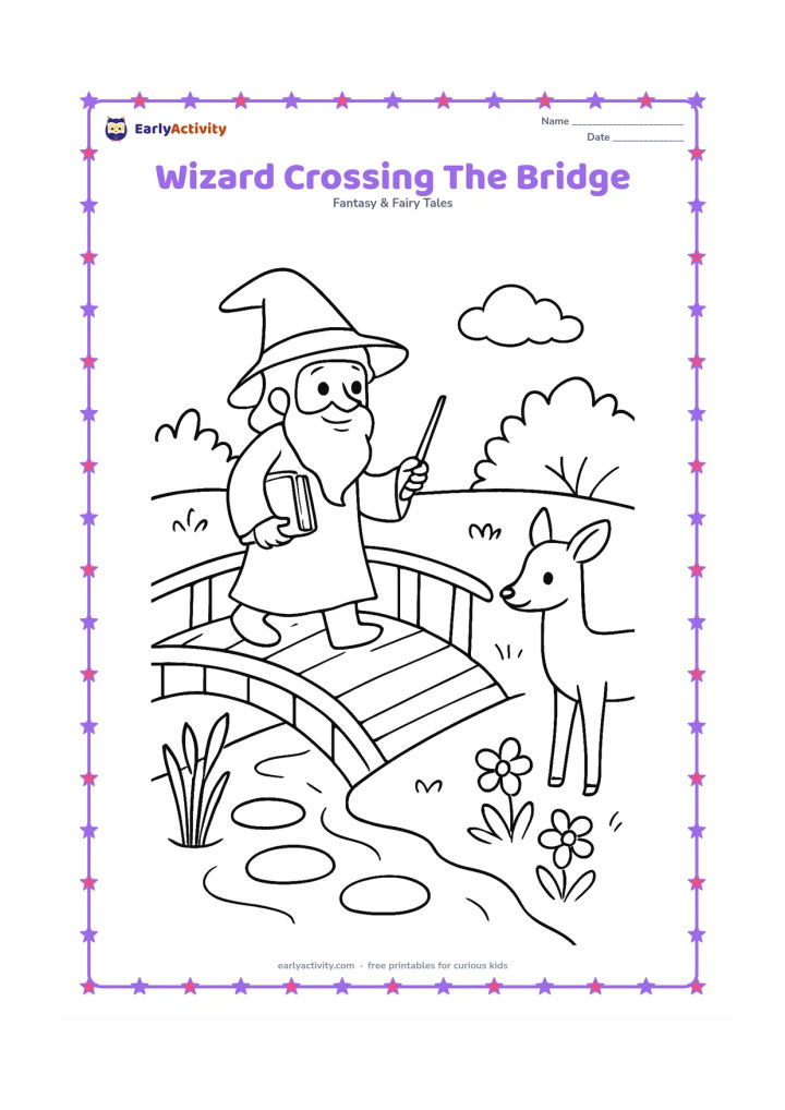 Colouring page: A wizard walks across a curved wooden bridge while carrying a closed spell book and wand. Below is a gentle stream, with stepping stones, reeds, flowering plants and a friendly deer on…