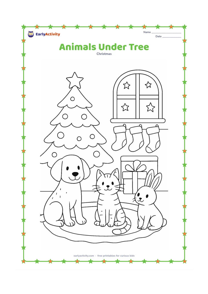 Colouring page: Draw a friendly dog, cat and rabbit sitting near a decorated Christmas tree with wrapped gifts, stockings, a cosy rug and a window showing evening stars.