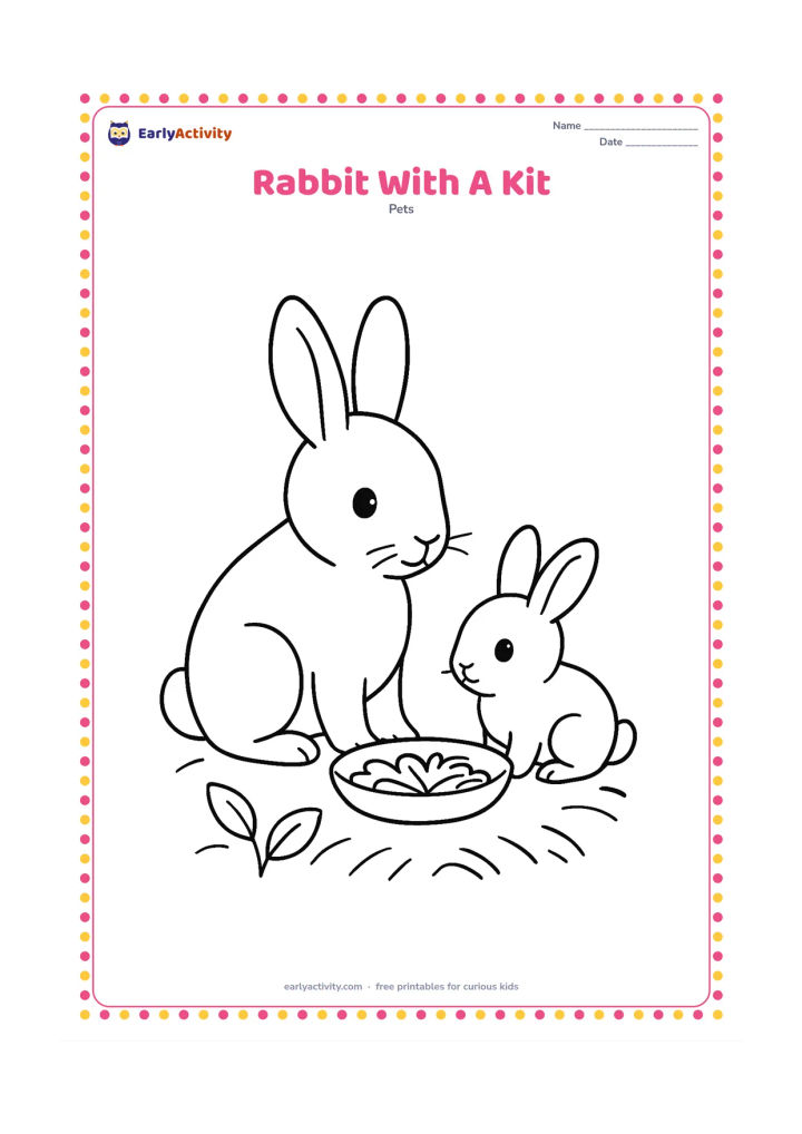 Colouring page: An adult rabbit sits beside one small kit, both looking toward a shallow bowl of greens. Add a nest-like patch of grass and two simple leaves.