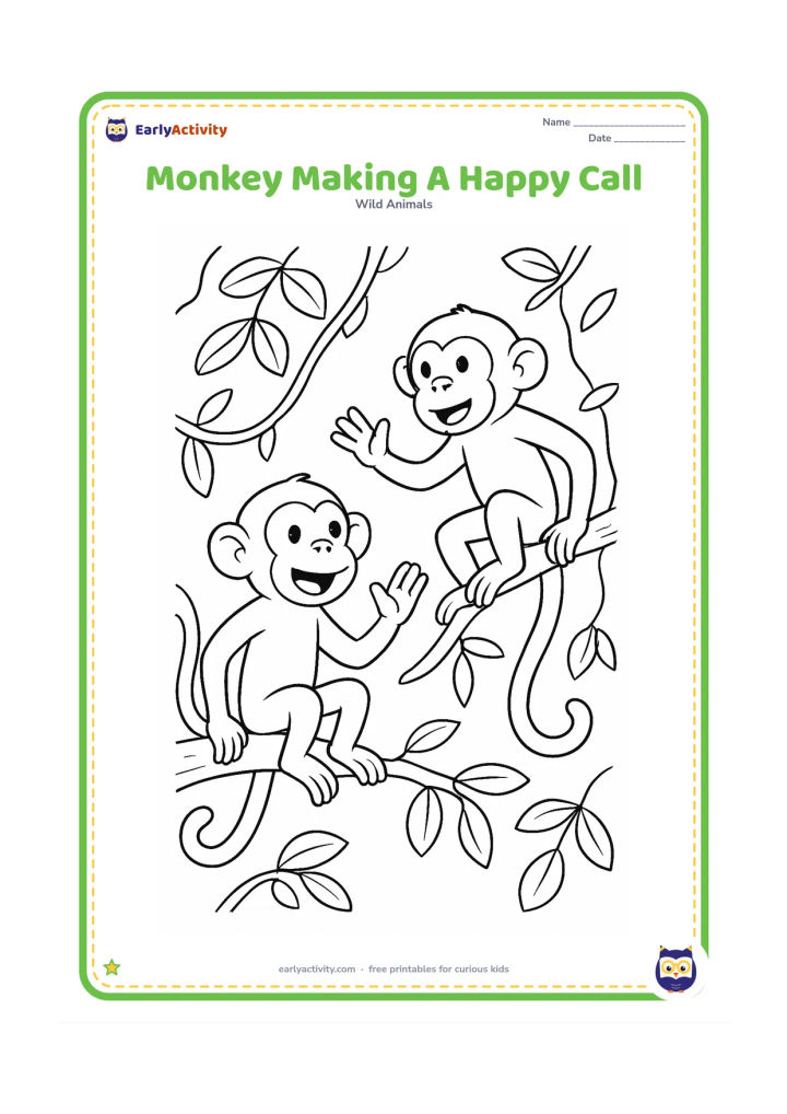 Colouring page: Draw one monkey perched on a branch with its mouth open in a friendly call and one hand raised. Show a second monkey responding from a nearby branch, with leaves and vines around them.