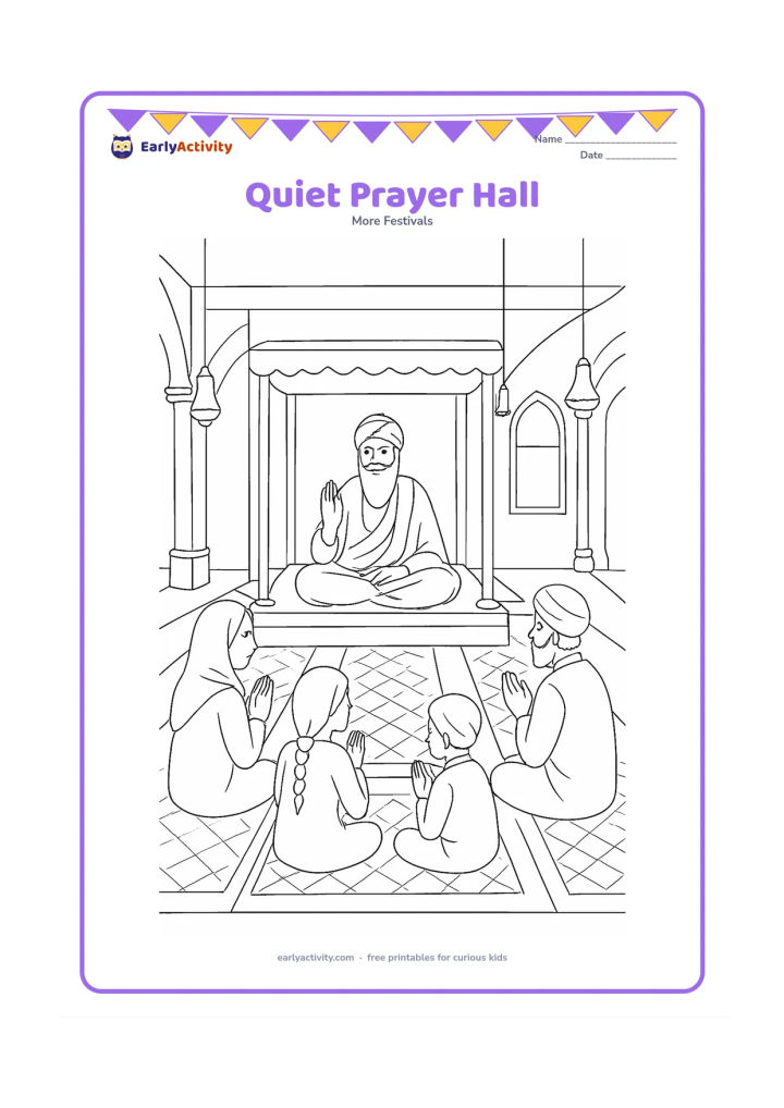 Colouring page: Draw a peaceful gurdwara prayer hall with Guru Nanak Dev Ji represented respectfully at the front, seated calmly beneath a simple canopy, while children and adults sit with hands…