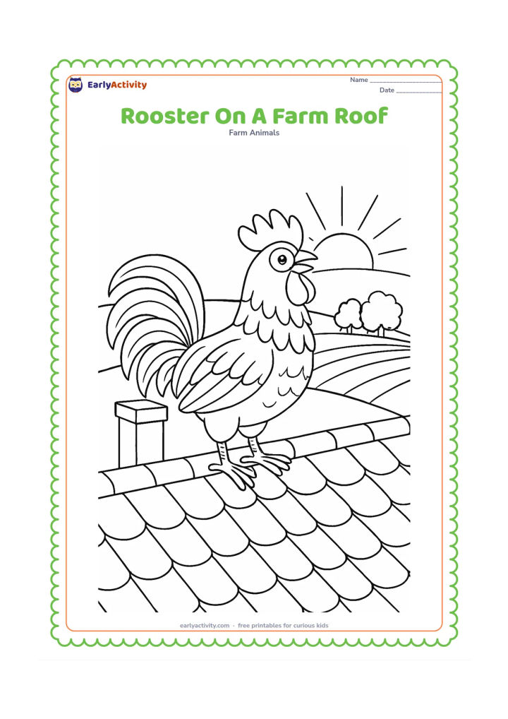 Colouring page: Draw a rooster perched on the ridge of a tiled farm roof at dawn. Include layered roof tiles, a chimney without smoke, distant fields, trees and a rising sun.