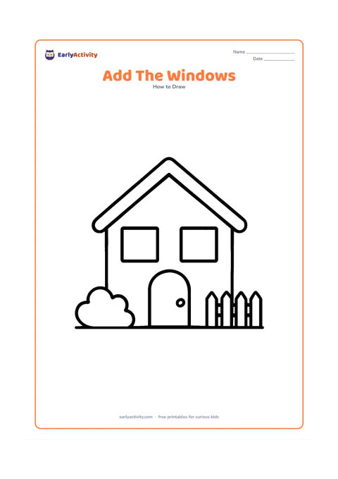 Worksheet: Show a nearly complete house with the roof, walls and door already outlined, while two large empty window spaces are clearly ready to be added. Include a ground line, a bush and a small…
