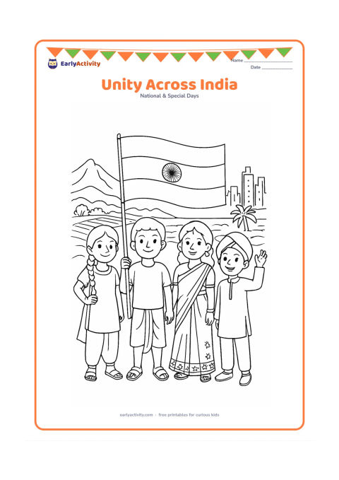 Colouring page: Children from different Indian regions stand together holding one large Indian flag, with a background that blends mountains, farmland, a city skyline and a coastal shore. Include varied…