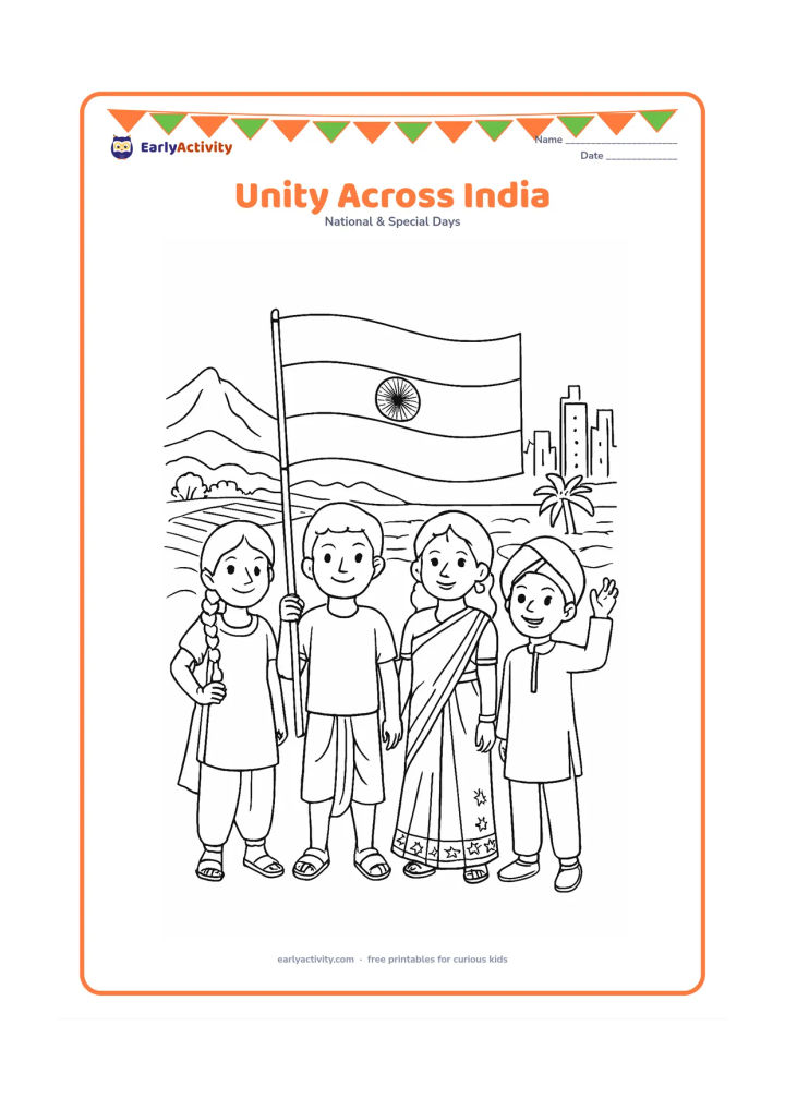 Colouring page: Children from different Indian regions stand together holding one large Indian flag, with a background that blends mountains, farmland, a city skyline and a coastal shore. Include varied…