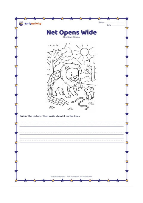 Printable: A torn opening spreads across the net as the lion carefully steps out and the mouse stands beside the loose rope. Set them in a warm morning forest with sunlight through the trees.