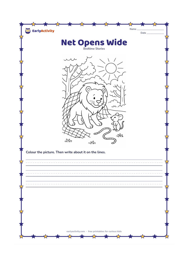 Printable: A torn opening spreads across the net as the lion carefully steps out and the mouse stands beside the loose rope. Set them in a warm morning forest with sunlight through the trees.