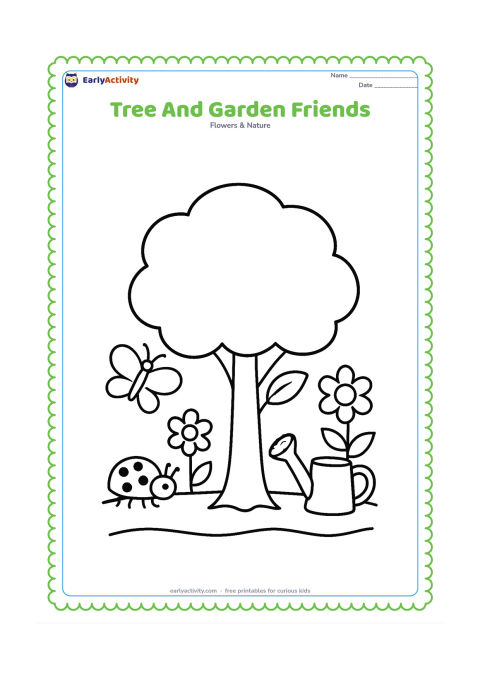Colouring page: Draw a round-canopied tree in a small garden with one butterfly, one ladybird, two flowers, and a watering can near the trunk. Keep each object large and separate.