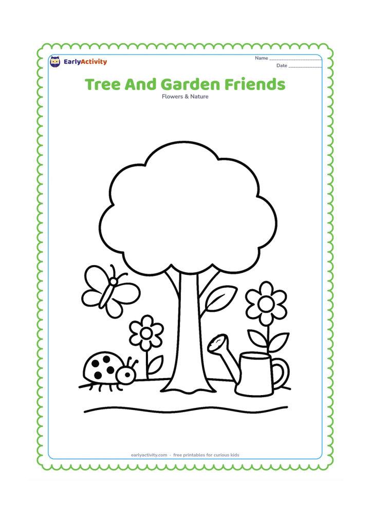 Colouring page: Draw a round-canopied tree in a small garden with one butterfly, one ladybird, two flowers, and a watering can near the trunk. Keep each object large and separate.