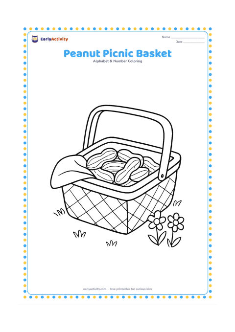Colouring page: Draw an open picnic basket containing several peanuts in shells and a folded cloth. Place the basket on grass beside two simple wildflowers.