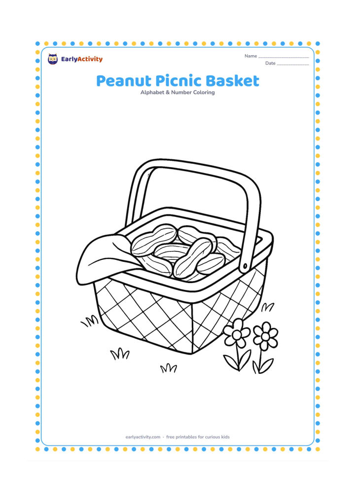 Colouring page: Draw an open picnic basket containing several peanuts in shells and a folded cloth. Place the basket on grass beside two simple wildflowers.