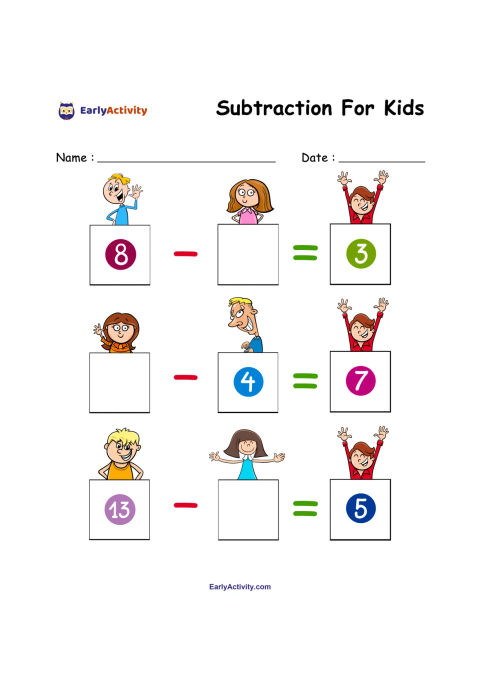 Worksheet with three subtraction equations, cartoon children, coloured number boxes, and blank boxes to complete.