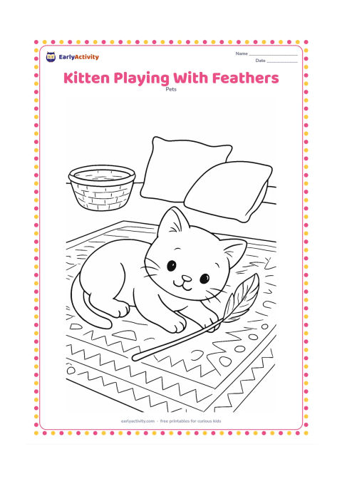 Colouring page: A kitten lies on its side batting a feather toy attached to a short stick. Place it on a patterned rug with a low basket and two cushions in the room.