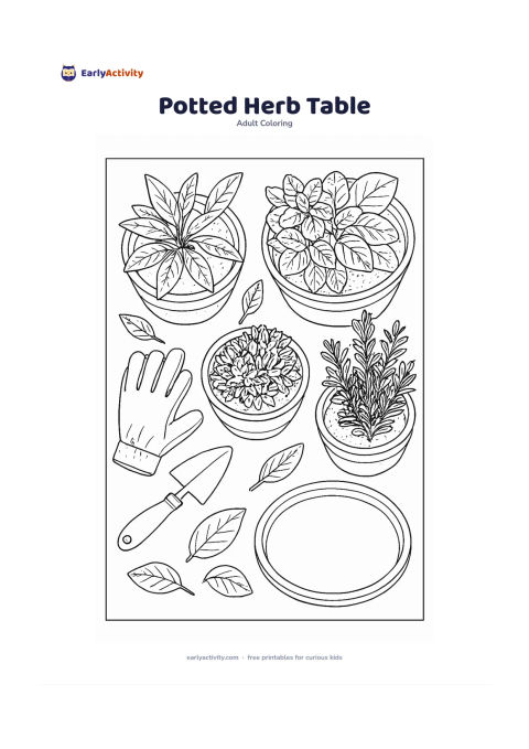 Colouring page: A top-down view of a table holding several potted herbs, a pair of gardening gloves, a small hand trowel, loose leaves and a round tray. Arrange the pots in a balanced composition with…