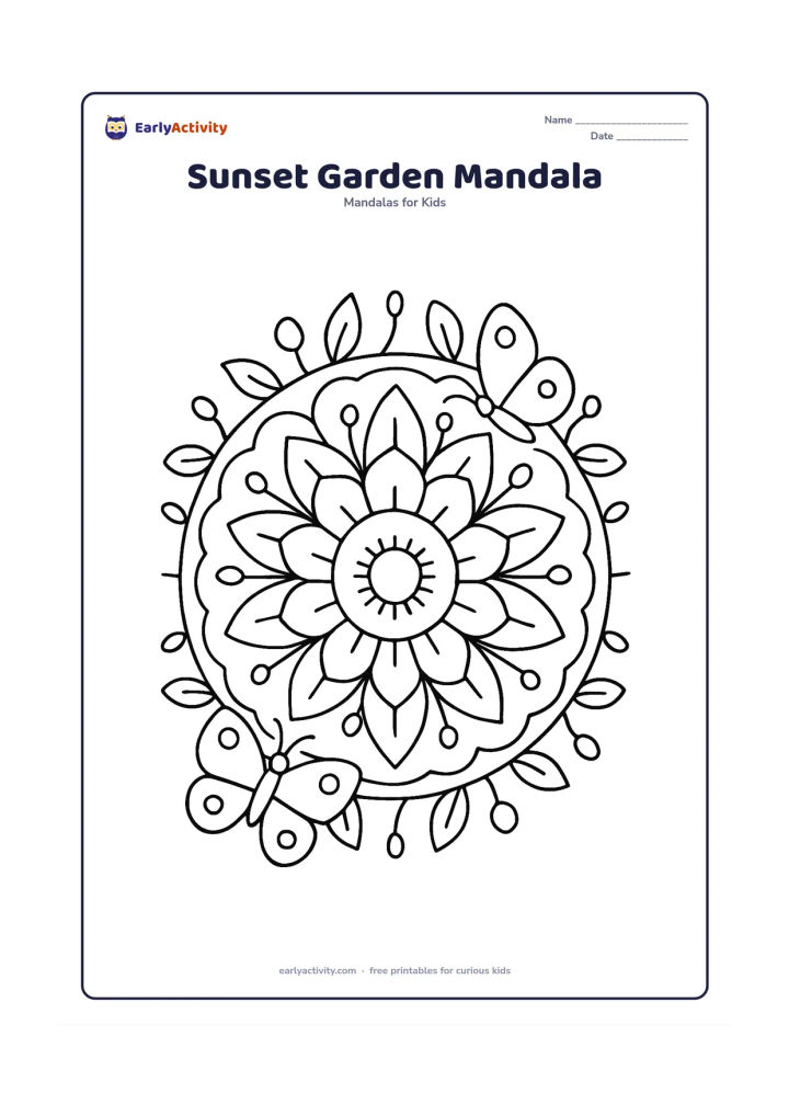 Colouring page: A circular flower mandala with a central evening bloom, layered petals and an outer ring of leaves, crescent-like sun rays and small buds suggesting sunset. Include two resting…
