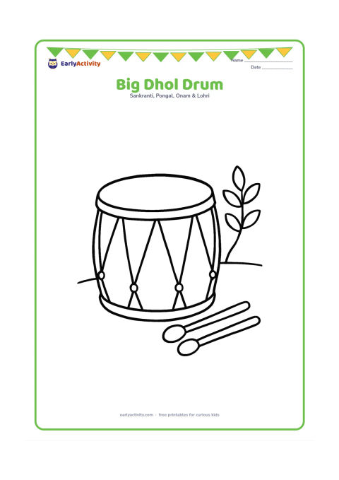 Colouring page: Draw one large Assamese dhol drum resting on a simple floor, with two short drumsticks beside it and a small leafy sprig in the background. Keep the drum front-facing with wide open…