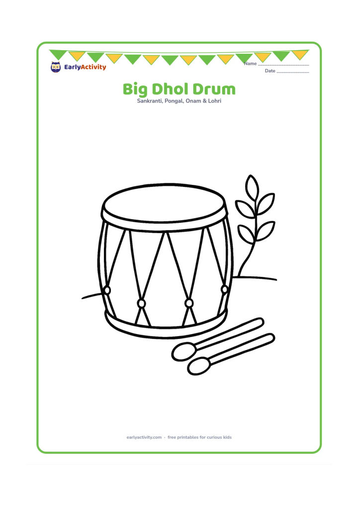 Colouring page: Draw one large Assamese dhol drum resting on a simple floor, with two short drumsticks beside it and a small leafy sprig in the background. Keep the drum front-facing with wide open…