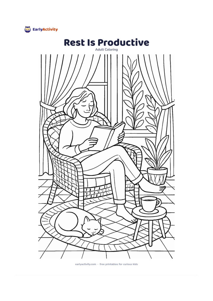Colouring page: A relaxed adult reclines in a woven armchair beside a window, reading a completely blank book while a cat sleeps on a nearby rug and a cup of tea rests on a small table. Add cushions,…