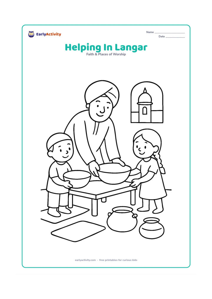 Colouring page: Draw two children helping an adult place large bowls on a low langar table inside a simple hall. Include a few floor mats, serving pots and a window showing the gurudwara outside.
