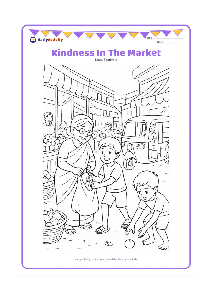 Colouring page: Draw a child helping an older shopper carry a cloth bag through an Indian market street, while another child returns a dropped vegetable. Include fruit stalls, baskets, an auto-rickshaw,…