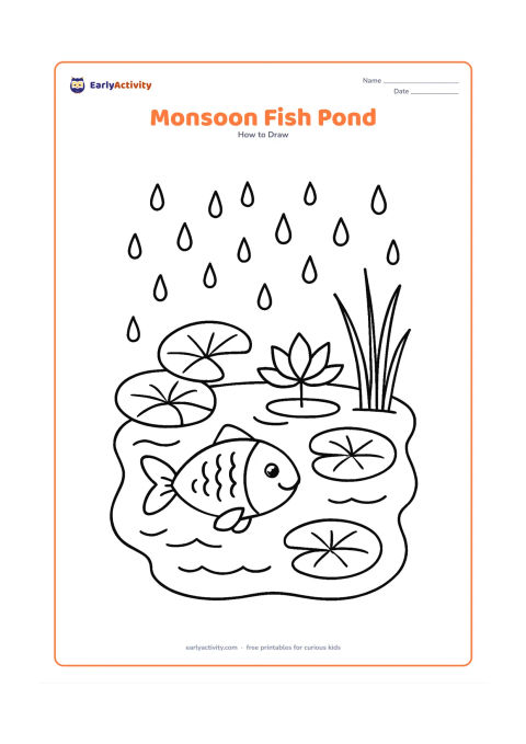 Worksheet: Show a small Indian-style garden pond during monsoon weather, with one fish below the water surface, lotus leaves, a simple lotus flower, reeds, and falling raindrops. Keep the fish as…