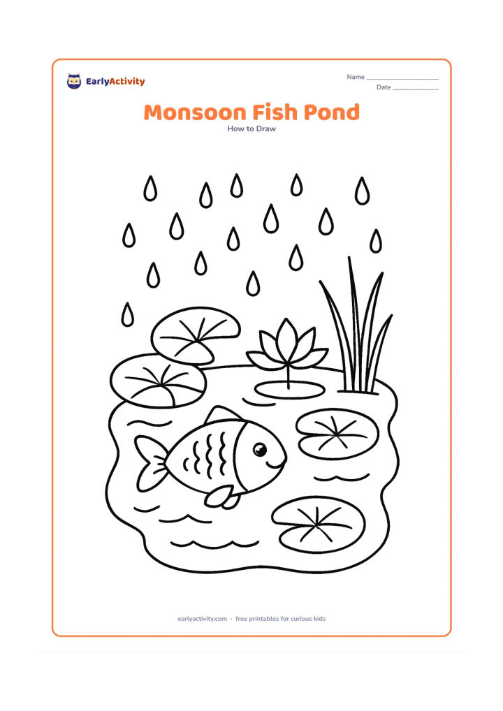 Worksheet: Show a small Indian-style garden pond during monsoon weather, with one fish below the water surface, lotus leaves, a simple lotus flower, reeds, and falling raindrops. Keep the fish as…