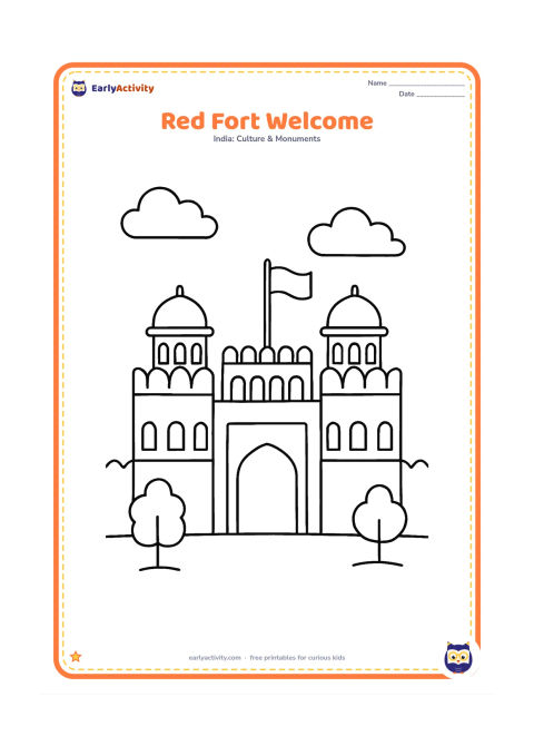 Colouring page: Draw a large, friendly front view of the Red Fort with its main wall, two rounded domes, a simple central gate and a waving flag above. Add only a few large clouds and two small trees…