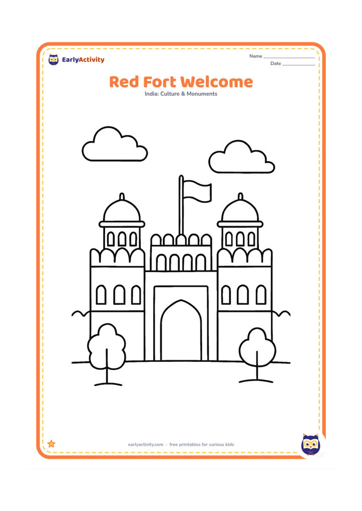 Colouring page: Draw a large, friendly front view of the Red Fort with its main wall, two rounded domes, a simple central gate and a waving flag above. Add only a few large clouds and two small trees…