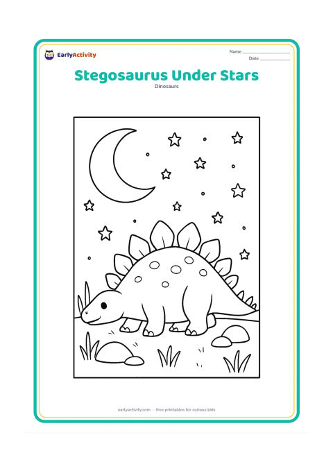 Colouring page: Draw a stegosaurus resting beneath a large crescent moon with scattered stars, rounded rocks, and tall grass. Show its body in side view with the full row of plates visible.