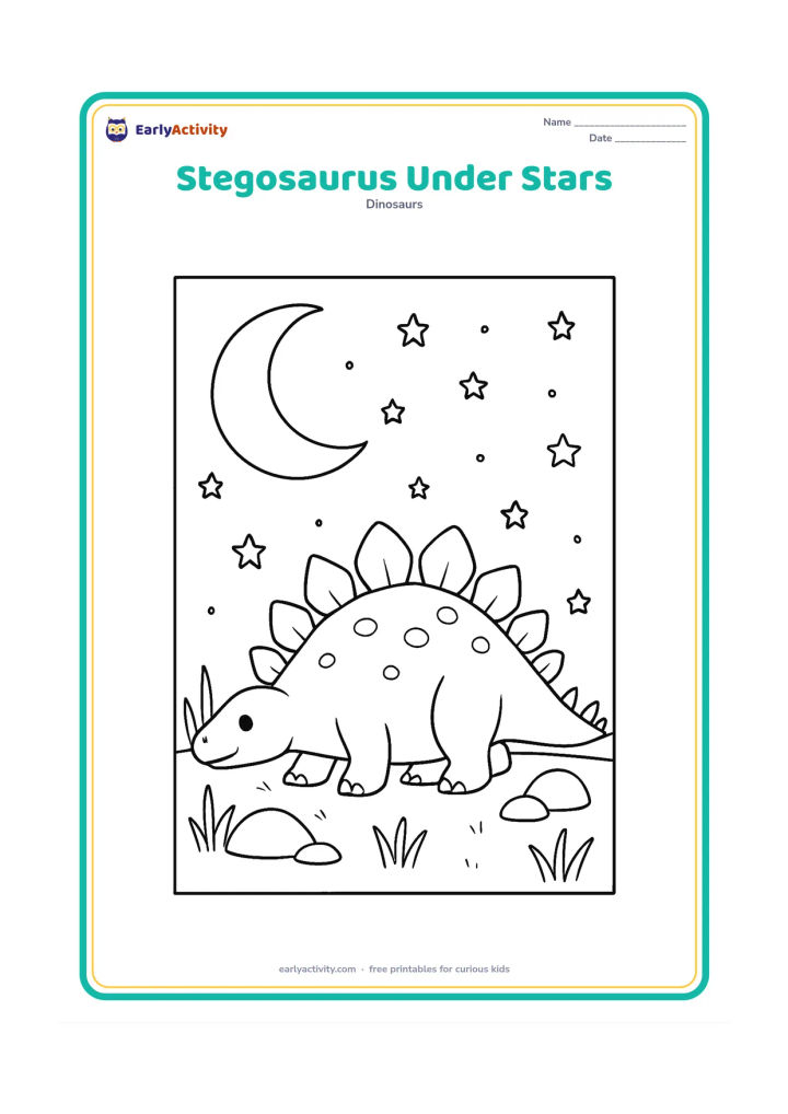 Colouring page: Draw a stegosaurus resting beneath a large crescent moon with scattered stars, rounded rocks, and tall grass. Show its body in side view with the full row of plates visible.