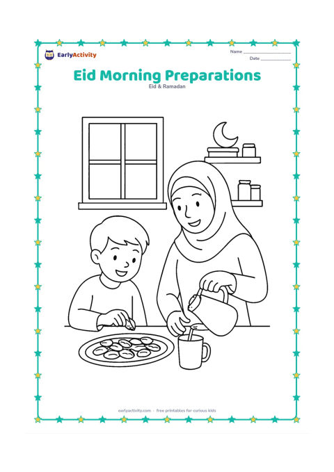 Colouring page: A parent and child prepare an Eid breakfast in a kitchen, with one person arranging dates and the other pouring a drink. Include shelves, a serving tray, a window with morning light, and…