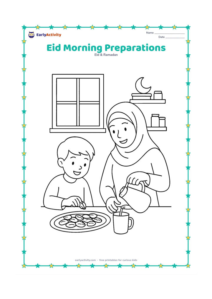 Colouring page: A parent and child prepare an Eid breakfast in a kitchen, with one person arranging dates and the other pouring a drink. Include shelves, a serving tray, a window with morning light, and…