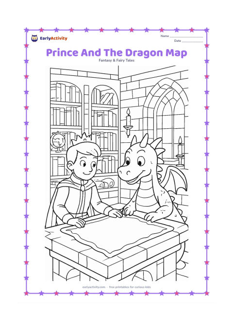 Colouring page: A prince and a friendly dragon study a blank, decorative map spread over a stone table in a castle library. Surround them with shelves, rolled papers without writing, globes, candles,…