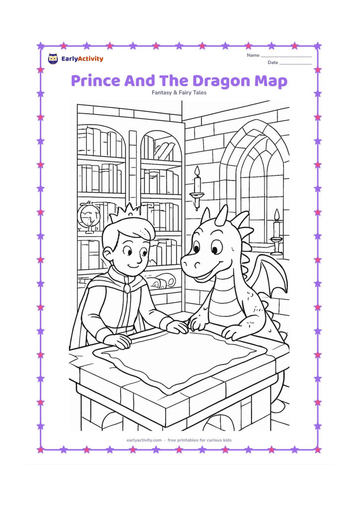 Colouring page: A prince and a friendly dragon study a blank, decorative map spread over a stone table in a castle library. Surround them with shelves, rolled papers without writing, globes, candles,…