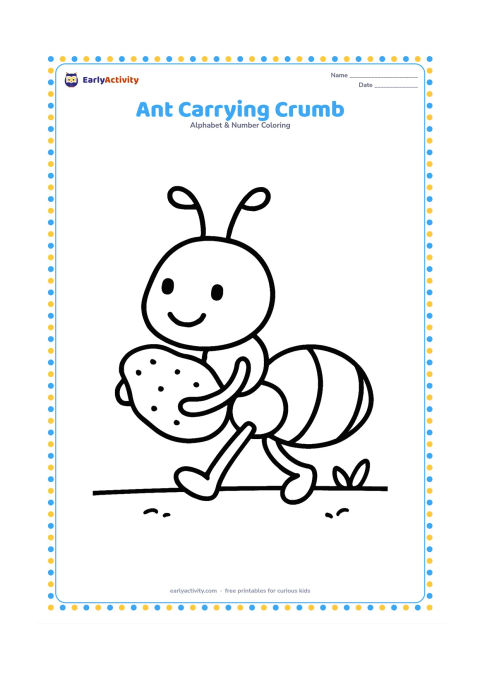 Colouring page: Draw a cheerful ant walking from left to right while carrying one oversized bread crumb. Place it on a simple ground line with two tiny leaves nearby.
