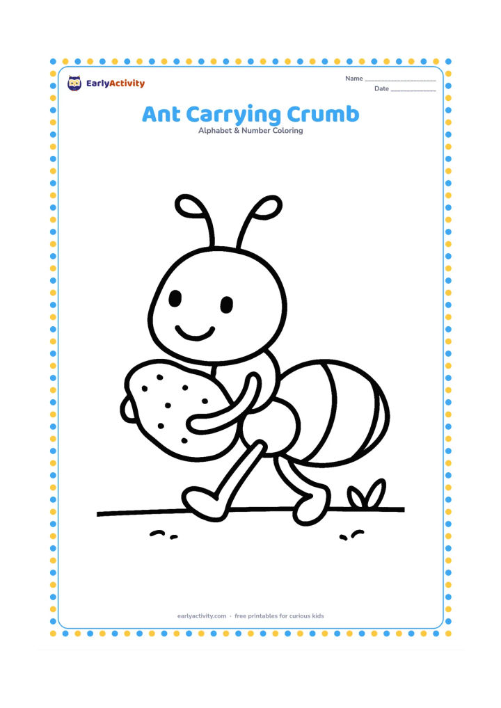 Colouring page: Draw a cheerful ant walking from left to right while carrying one oversized bread crumb. Place it on a simple ground line with two tiny leaves nearby.
